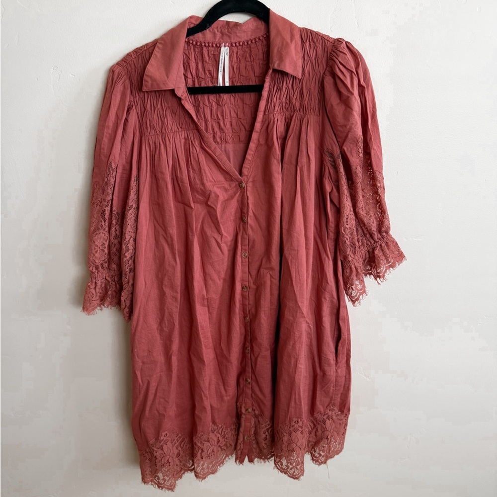 By Anthropologie Lace Tunic Dress Rust Red Lace Trim Shift Blouse size medium